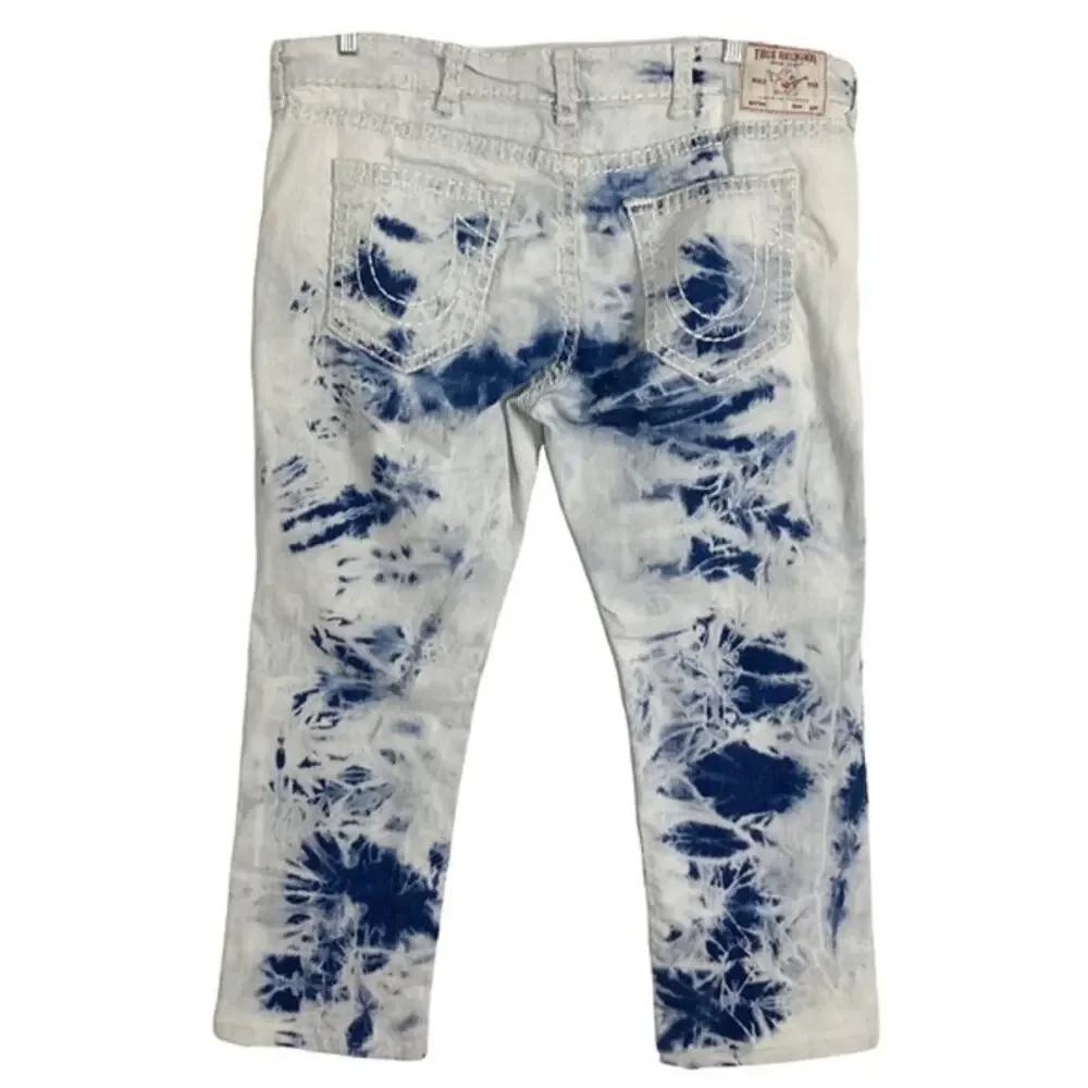 NWOT TRUE RELIGION Jean 44 Ricky Relaxed Hydro Blue Tie Dye Zip Denim
